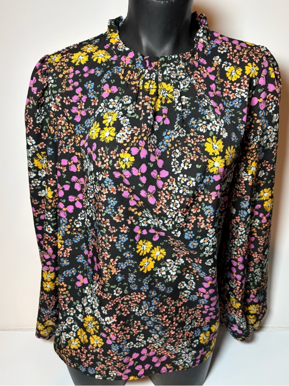 Women's Black Floral Long-Sleeve Blouse - Pink, Yellow, Blue Print - Picture 2 of 6